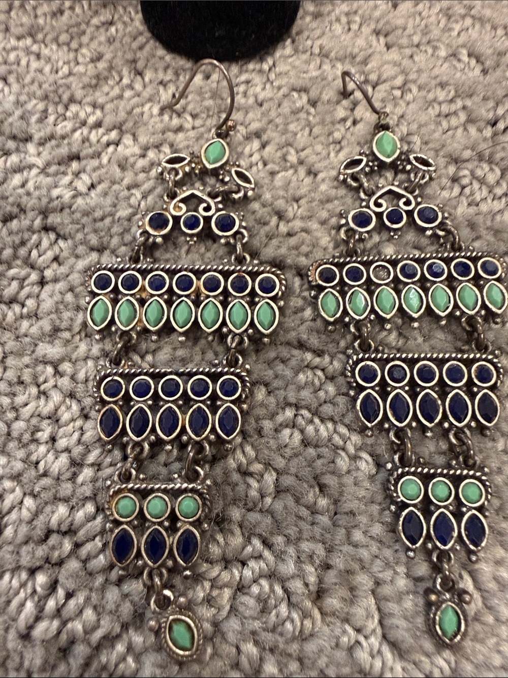 Boho Tiered Chandelier Earrings in Navy Blue & Mint Green